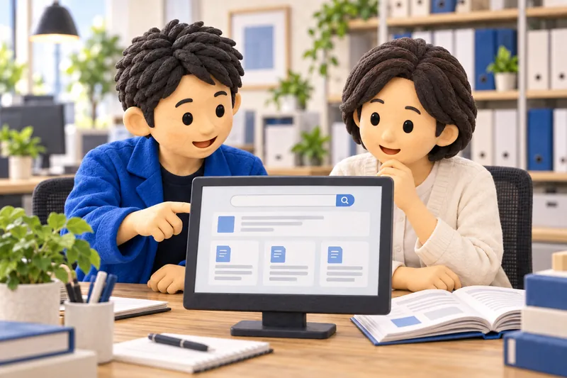 社内資料の検索結果と参照元を、男性開発者と担当者が確かめる様子